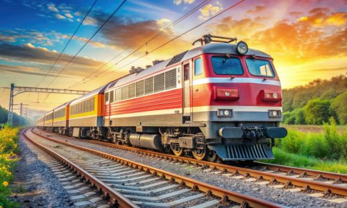 Powerful electric locomotive Class WAG-7 with distinctive boxy shape and bold stripes stands proudly on the railway tracks in a sunny Indian landscape.