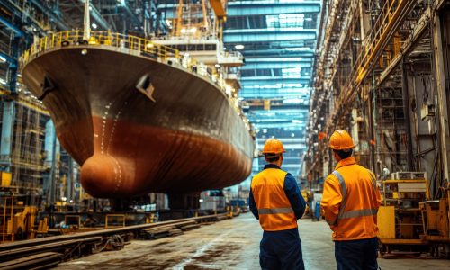 Shipbuilding Facility Workers Observing a Large Vessel During Construction